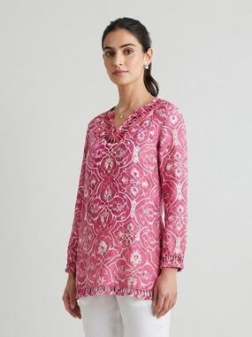 Style & Co. Pink Printed V-Neck Long-Sleeve Linen Tunic Size 12P